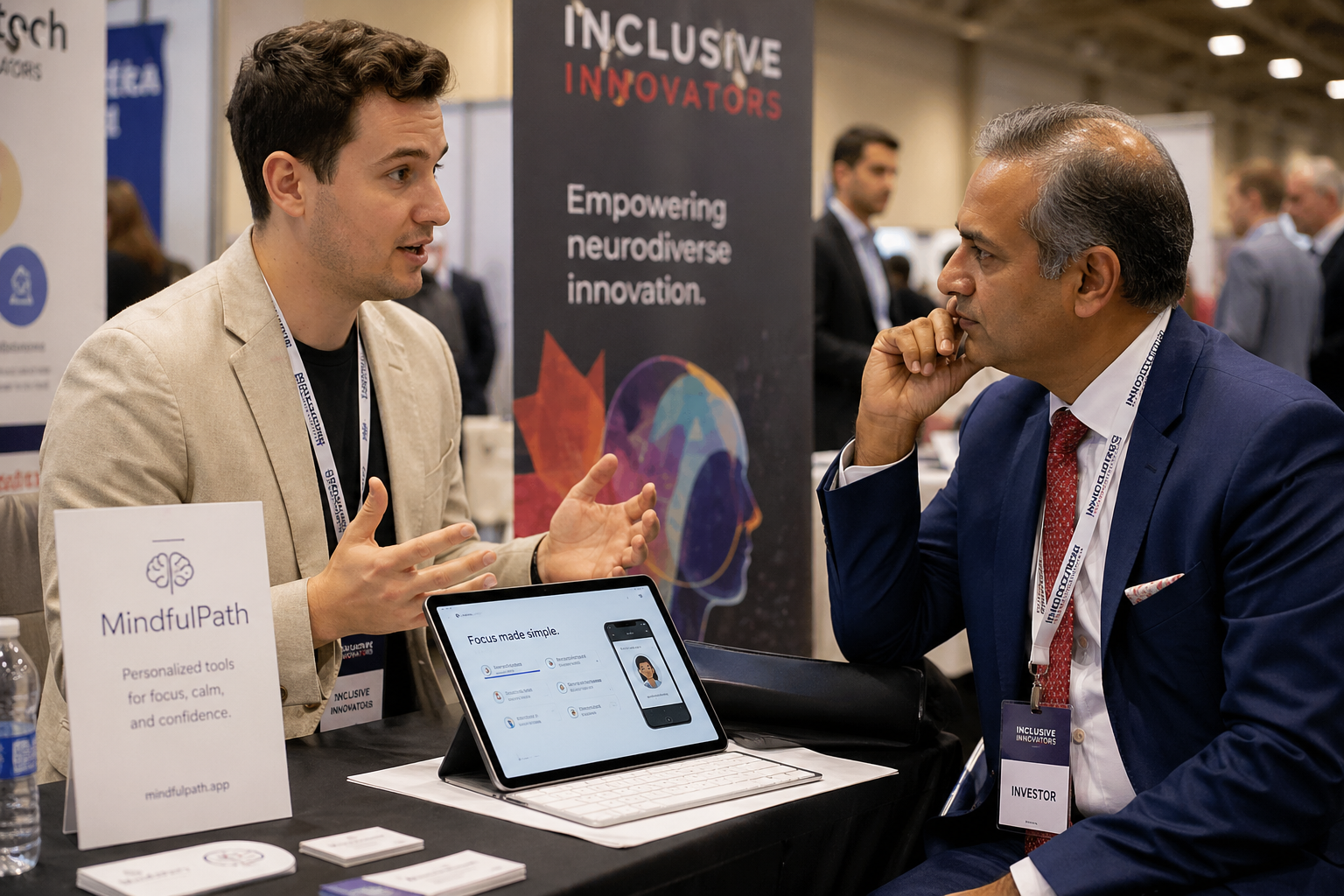 A founder discussing an innovation showcase with an investor at an Inclusive Innovators exhibition table.